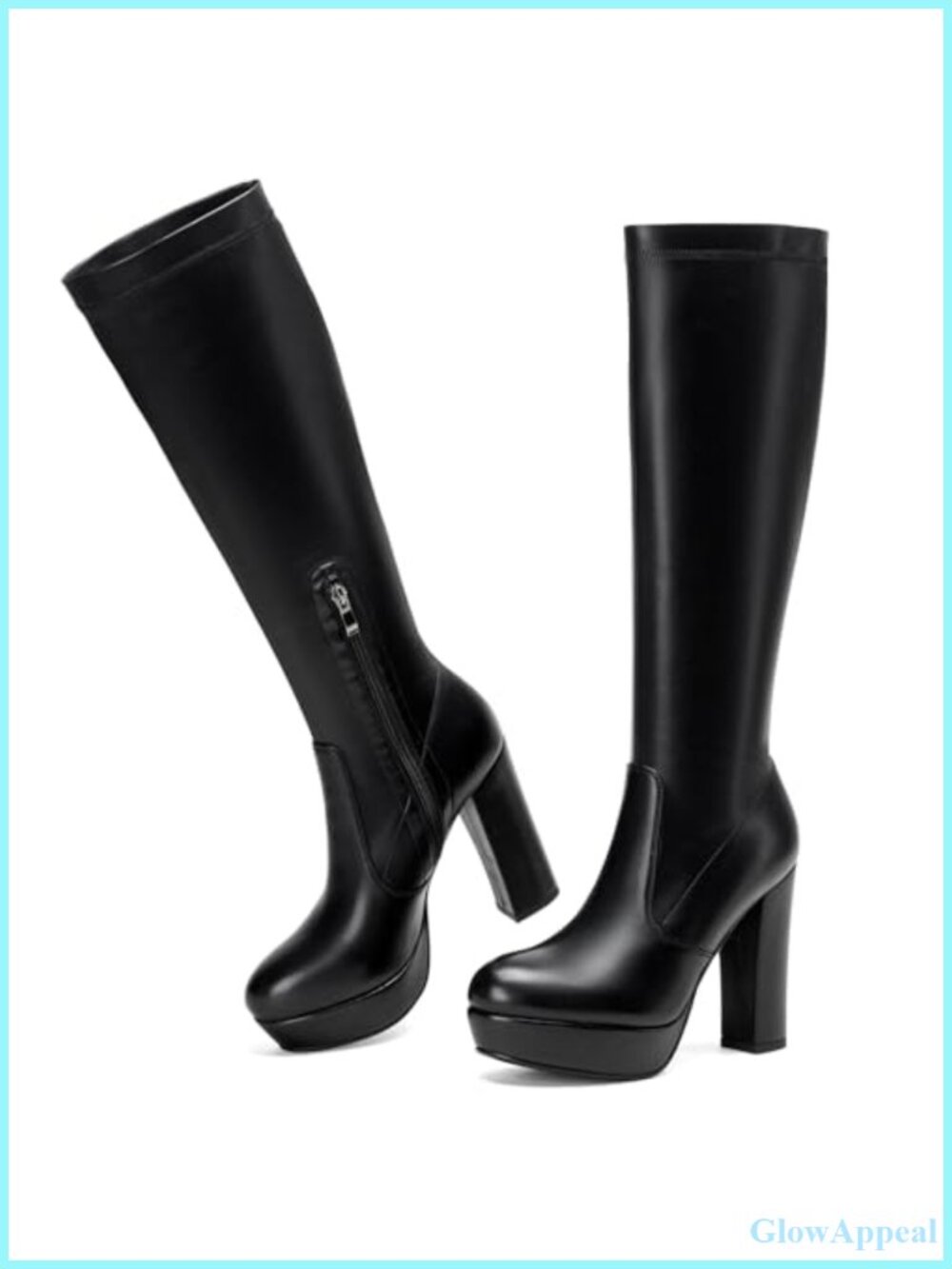 Women Knee High Stretch Boots Chunky Block Heel Side Zip Synthetic